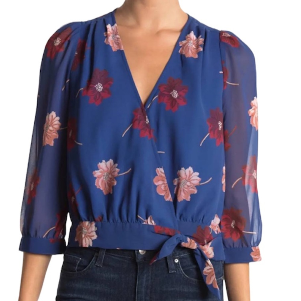 Madewell Blue Floral Wrap Front Long Sleeve Tie Top XS